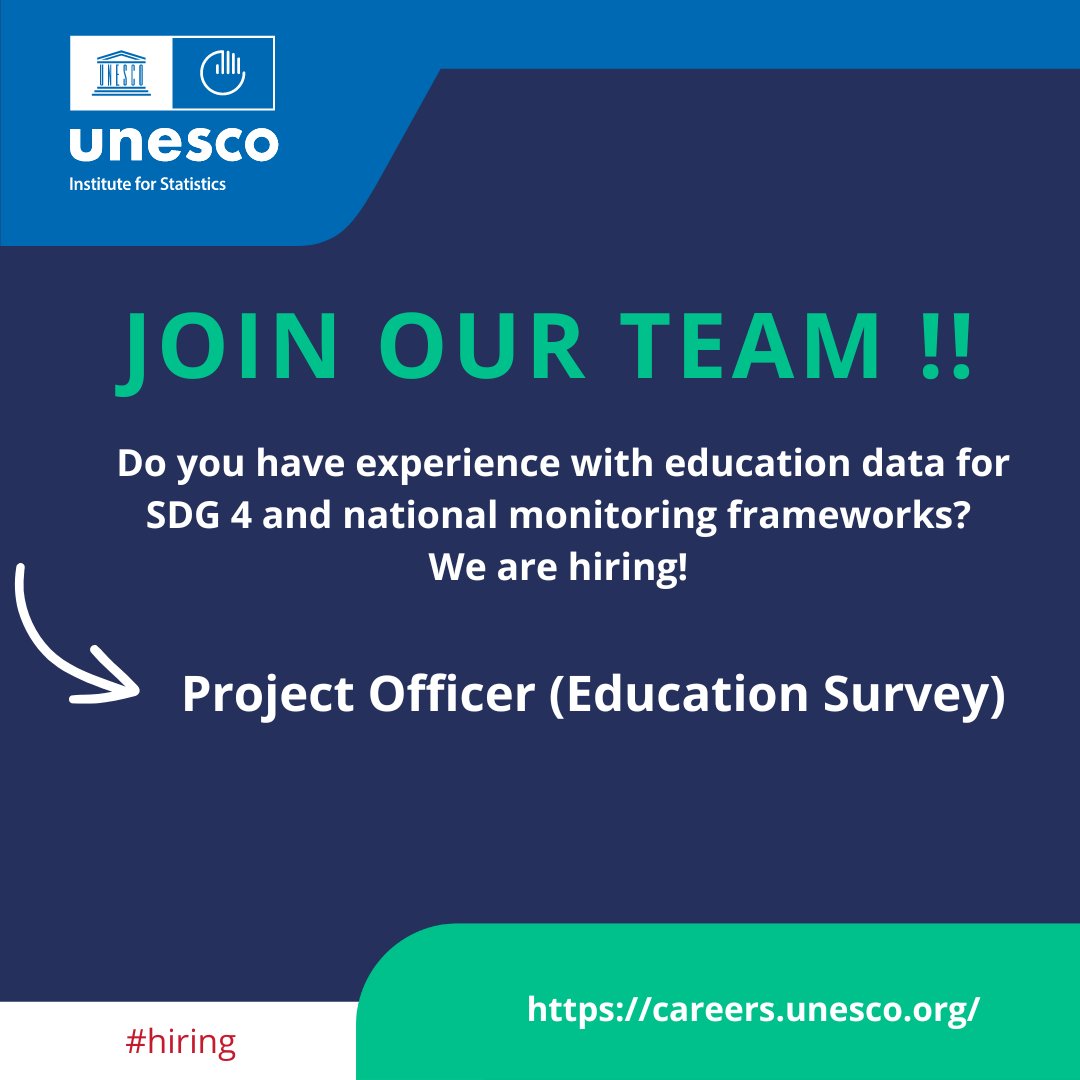 📢 We are hiring a Project Officer (Education Survey) for a one-year contract based in Montreal (P-3). For more info and to apply (the deadline is 18 September): bit.ly/3DYYfwi 

#UNJobs #UNcareers #Datajobs