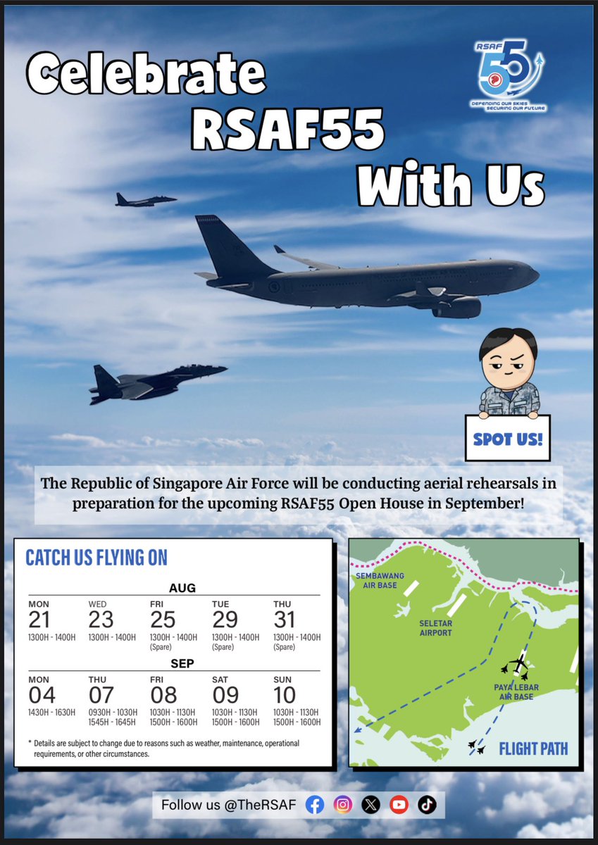 radaraeromedia's tweet photo. Celebrate #RSAF55 with @TheRSAF!! In 3 weeks, the RSAF will open up Paya Lebar Air Base for it's first Open House in 7 years! Catch the assets on static display and an aerial capability display!! More info in the image! https://t.co/4clcR8tbLZ