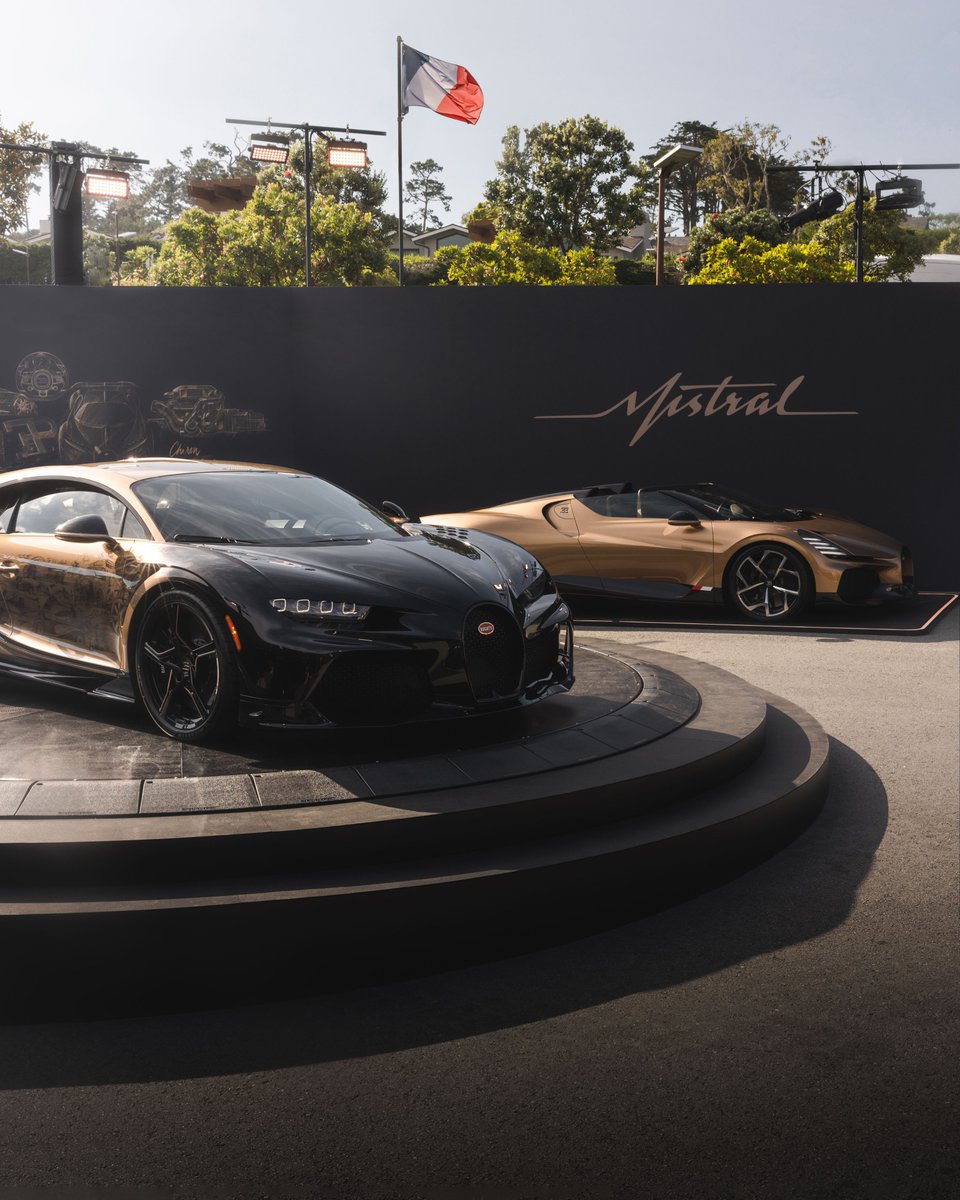 Bugatti's tweet photo. Bathed in black with golden accents ‘Le Domaine BUGATTI’ is truly unmissable at today’s @PebbleConcours, with three gold-inspired masterpieces from Molsheim taking center stage: the CHIRON Super Sport ‘Golden Era’, the W16 MISTRAL finished in ‘Doré’ and the BOLIDE, tailored with captivating gold accents.

Le Domaine BUGATTI also showcases masterpieces from BUGATTI’s more recent past: an EB110, a VEYRON 16.4 and a CHIRON Noire – all kindly provided by BUGATTI owners for display.

#BUGATTI  #LeDomaineBUGATTI #PebbleBeachConcours #MontereyCarWeek
–
WLTP: https://t.co/q4VWMC2ZLg