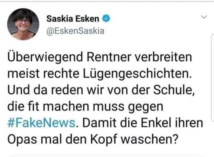 schweizok2's tweet photo. @EskenSaskia, glauben sie wirklich, die Rentner in Deutschland lassen sich diese Beschimpfungen ständig gefallen!? 
Die #AfD wird’s übrigens sehr freuen 😁
Danke für ihre kostenlose Wahlkampfhilfe 😀👍💪
💙 🖤❤️💛 https://t.co/KU2HVIHPgd
