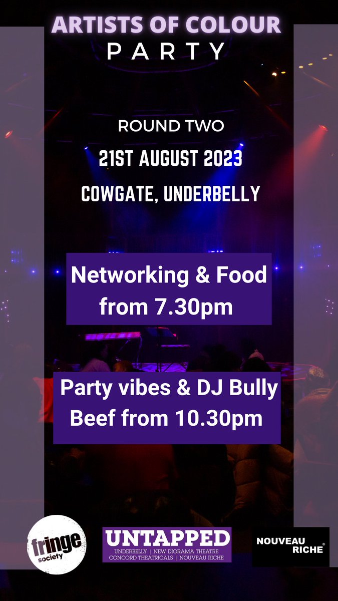 nvrchuk's tweet photo. Artists of Colour party ROUND TWO! 21st August Monday 7.30pm till late at Underbelly Cowgate #artistsofcolour #edfringe23 https://t.co/csDKXm0LIH
