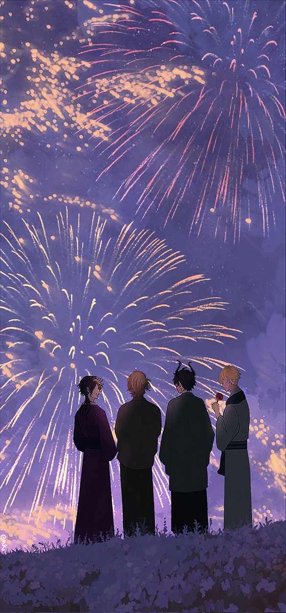 fireworks kimono japanese clothes multiple boys black hair facing away short hair  illustration images