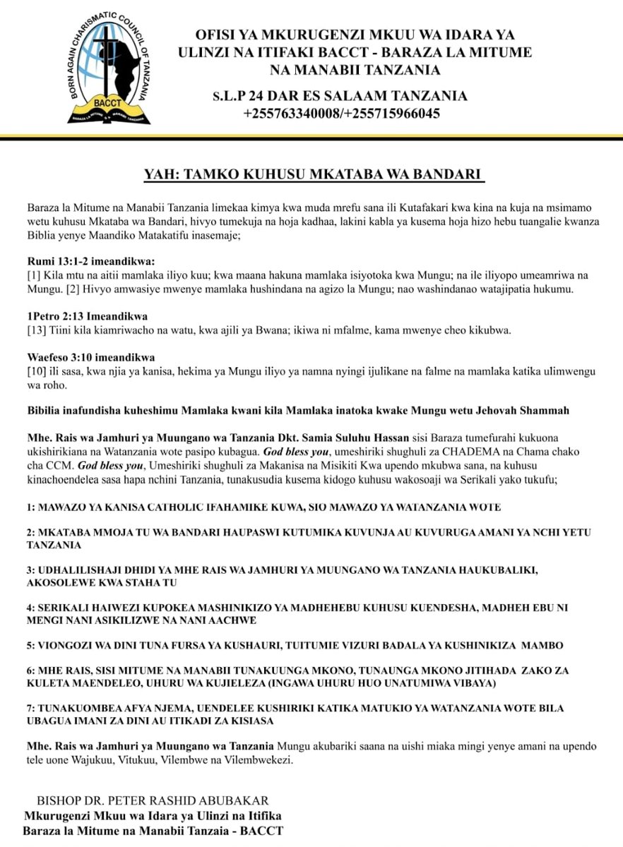 voiceofbongo's tweet image. Taarifa kwa umma kutoka kwa Baraza la Mitume na Manabii Tanzania kuhusu mkataba wa bandari.