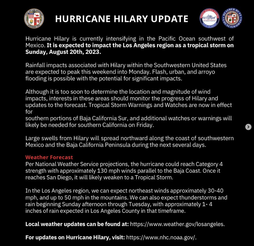 WCKNC_LA's tweet photo. Hey K-town! Hurricane Hilary / Huracán Hilary / 허리케인 힐러리 is coming. Here's critical info from CD10 for how to prepare and get help. https://t.co/zHBwVIDFAK