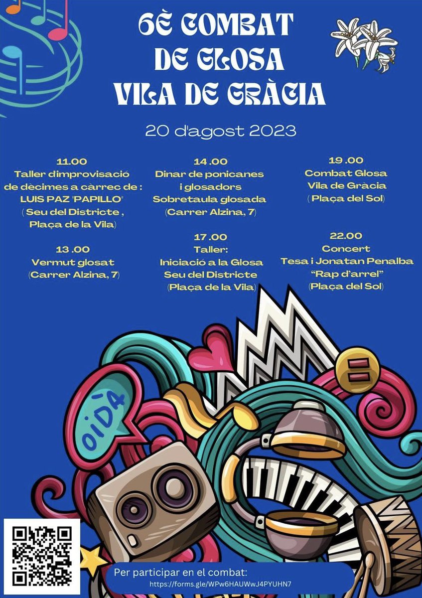 Avui, dia de glosa a les Festes de Gràcia! 🎊🎊

Tallers, vermut, dinar,… I a les 19h, l’esperat combat de glosa a la Plaça del Sol. No us ho perdeu!

➡️ Segueix el combat en directe al canal “Set de glosa”: youtube.com/@Setdeglosa