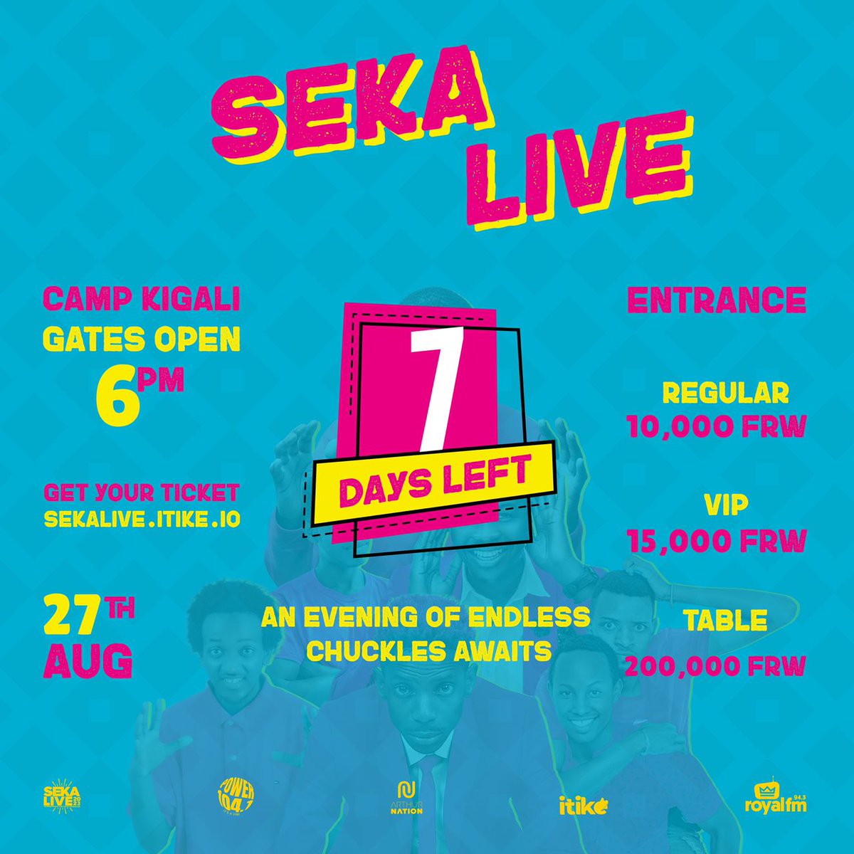 In just 7⃣ days, we will be laughing our hearts out at @sekaliverw with @loyisogola, @ericomondi_ & a host of other comedians from East Africa. Get ready to enjoy. Secure your tickets early from sekalive.itike.io. #SekaLive.