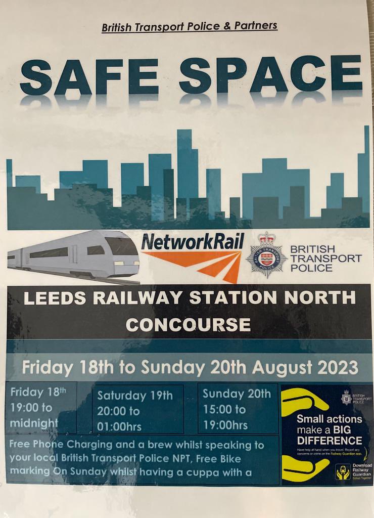 Officers at Leeds will be opening the safe space tonight between 7pm and midnight. We are located on the station next door to Sainsbury’s please feel free to come and say hi!! #Guardiansoftherailway