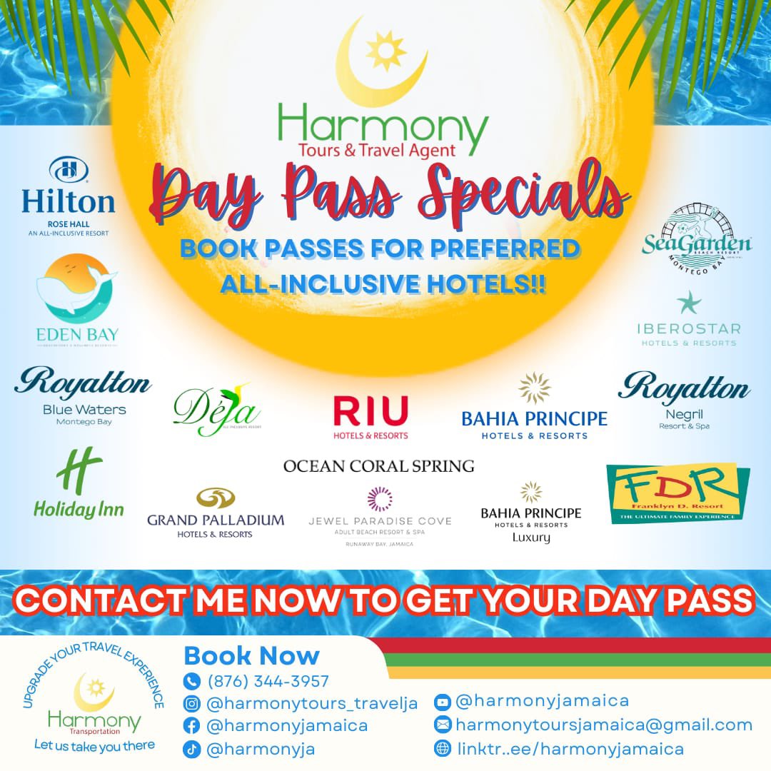HarmonyToursJa's tweet photo. Paradise Awaits! Unlock the All-Inclusive Experience. From stunning beachfront hideaways to luxury escapes, I'm your gateway to unforgettable day passes at top-notch all-inclusive hotels. Let me handle the booking while you relish the relaxation. https://t.co/2rXo8bq05E