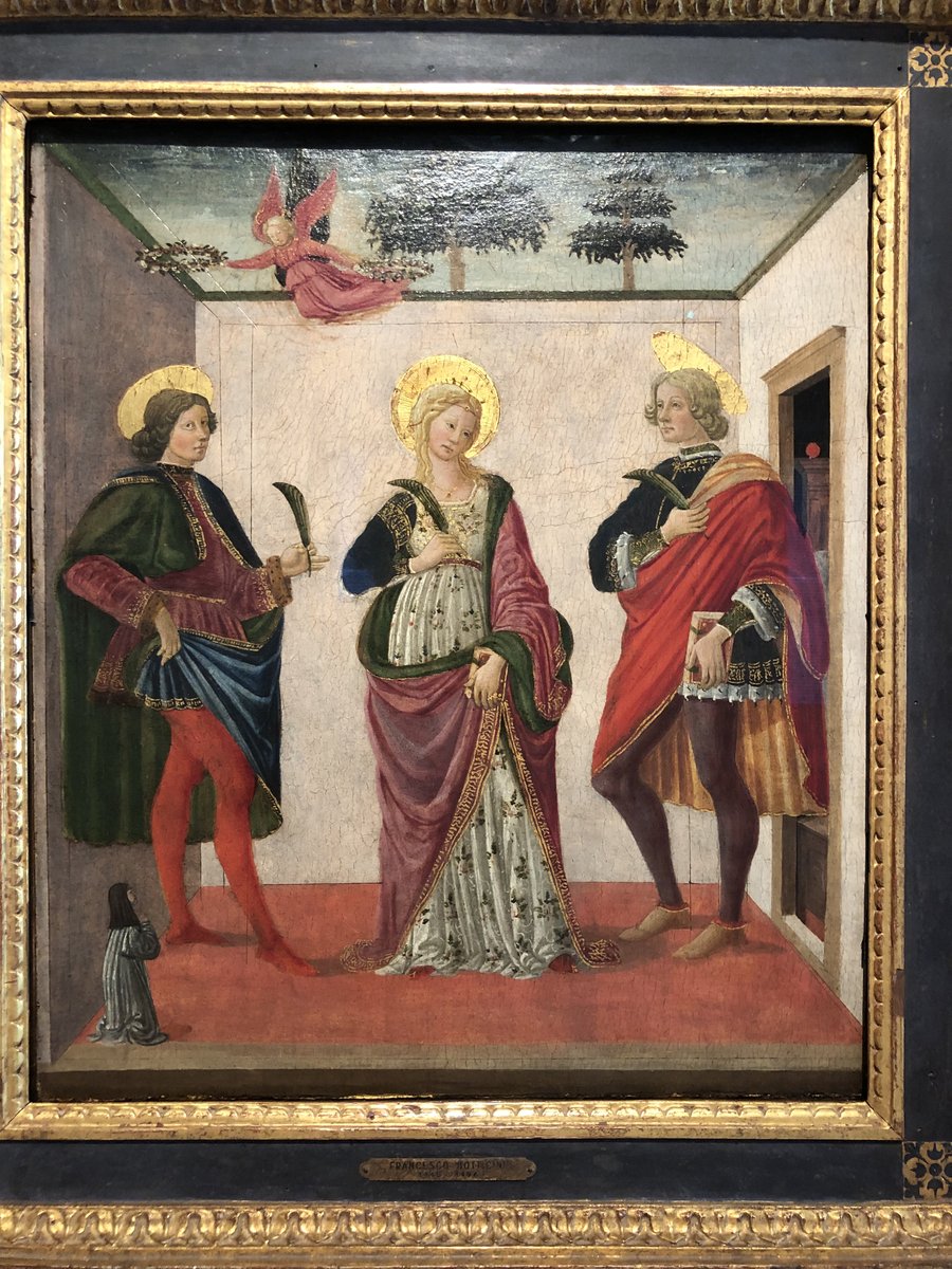 nasserrabbat's tweet photo. More #Pseudoscript from Madrid. Francesco Botticini, St Cecilia between St Valerian & St Tiburtius (1470) at the Thyssen-Bornemisza Museum. The script looks like a mixture of Greek, Hebrew, and Kufic Arabic. It must have gone through many transformations from its original model. https://t.co/ClXNgJpbv2