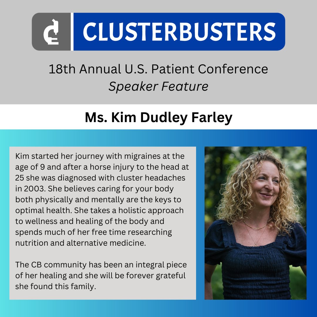 Cluster_buster's tweet image. Ms. Kim Dudley Farley will be presenting her Patient Perspective at the Clusterbusters 18th Annual U.S. Patient Conference.

Join us in Disney Springs Sept 7-10, 2023.
Info &amp;amp; registration: 386964908.planningpod.com

Scholarship Applications: conta.cc/3DUZxIU
#ClusterHeadache