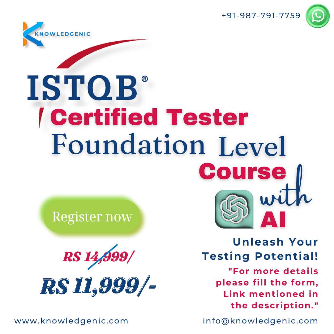 knowledgenic's tweet photo. Enhance testing skills via ISTQB Certified Tester Foundation Course with AI. Boost your career and Start your certification Journey now!

Google form link: https://t.co/O8Uk852e1z

Contact us- +91 9877917759
Website- https://t.co/vTnnrsKrdL https://t.co/0YVShpc8L1