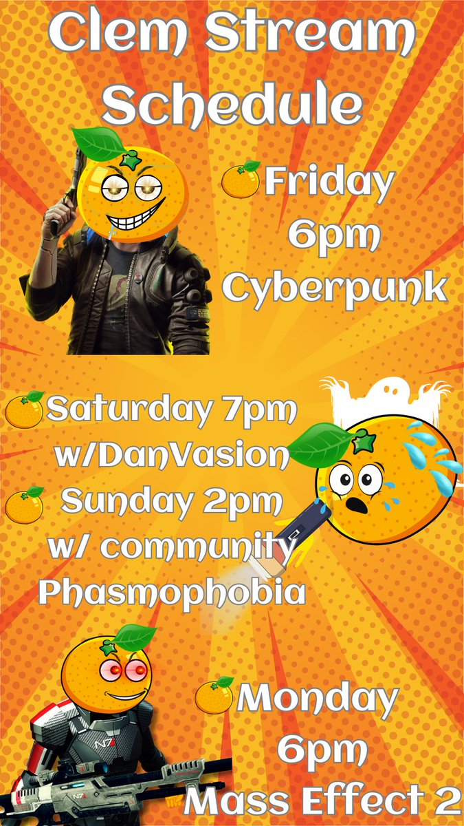 Stream schedule for the week! Aiming to stream all weekend as lot's to play inc the new Phas update with @DanVasion on Saturday &amp; attempting to progress in our adventures in Cyberpunk 2077!

Come get your dose of vitamin C dammit

#stream #schedule #twitch #vitaminc #phasmophobia