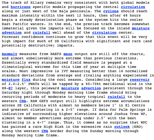 Weather_West's tweet photo. Flood risk from #Hilary in SE California deserts is genuinely alarming. Widespread &amp; possibly destructive flash flooding is possible. This has high potential to be a historic flood event in this region. See attached screenshot of @NWSPhoenix forecast discussion from this AM.#CAwx https://t.co/Oj9881gJUP