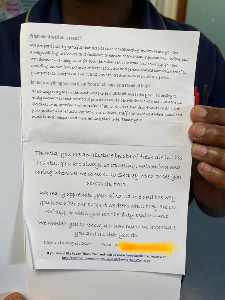 Our Ward Manager Theresia is delighted to have received a Thank You letter for her hard work and commitment to the ECOT team on both WM and Senior Nurse level. Congratulations Theresia! #FutureMatron <a href="/UHP_NHS/">University Hospitals Plymouth NHS Trust</a>