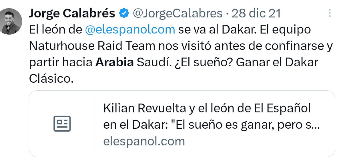 Tebasjavier's tweet photo. Lecciones las justas @jorgecalabres, mira @elespanolcom  en diciembre 2021,  patrocinabais equipos que iban al Dakar a Arabia Saudí. Tu escribías este artículo plagado de "críticas" (ironía) al régimen Saudi.
#listillo. https://t.co/kv4gsIoz0j