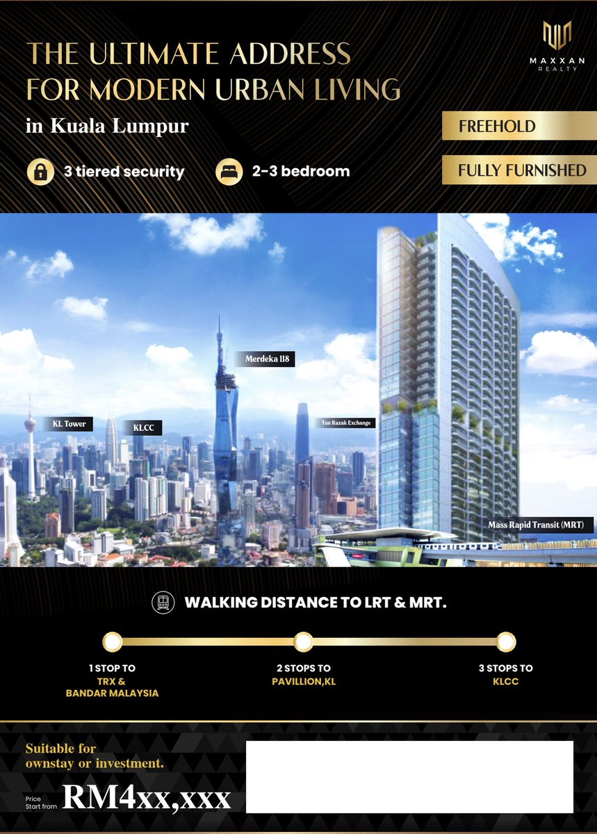 ownismm's tweet photo. *🔥KL CITY PROJECT 🔥*
*🔥NEXT TO TRX🔥*
*🔥FREEHOLD 🔥*
*🔥FULLY FURNISHED 🔥*

🏠 Freehold property at Kuala Lumpur, first tier location.

*2 rooms 2 bathrooms start from RM 4xx K - 650sqft
*3 rooms 2 bathrooms start from RM 5xx K - 850sqft https://t.co/zfWqfFgYTj