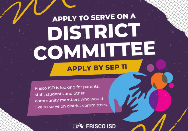 friscoisd's tweet photo. Did you know you can influence change in FISD by joining a District Committee? Applications open on August 28. Visit https://t.co/pLyYkkokB1 to learn more about the various options available to you! #FISDElevate https://t.co/UgwPgZoPzv