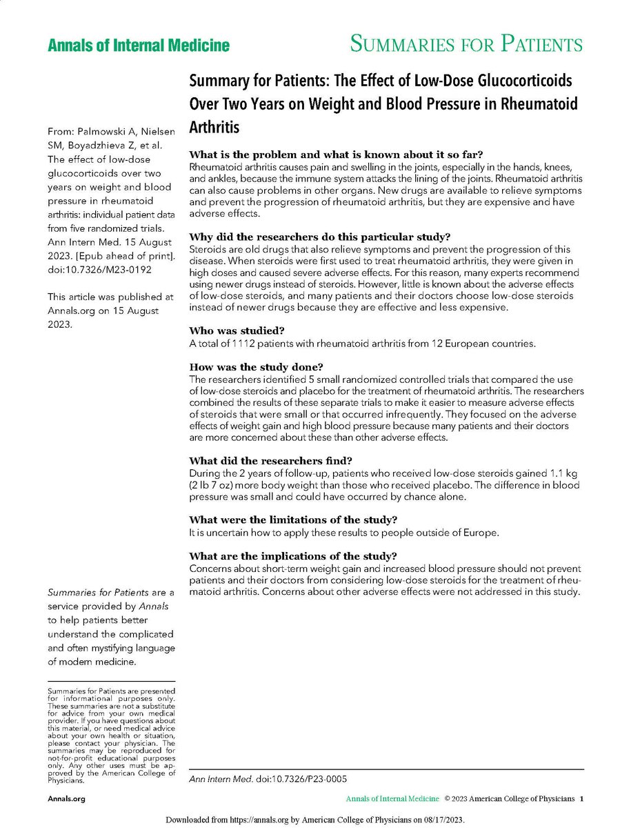 New research shows that the use of low-dose steroids for arthritis is not associated with weight gain or hypertension. Print this free summary to prompt discussion with patients who may benefit from using glucocorticoids: ow.ly/vbQ450PAqBz