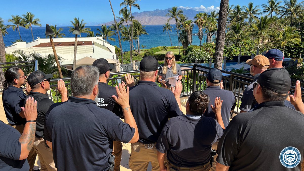 ATFHQ's tweet photo. A Deputy U.S. Marshal operating as part of ESF #13 deputizes 16 Special Agents from the @BureauIndAffrs. Their understanding of the cultural landscape will be an asset to the recovery efforts following the devastating West Maui wildfire. #ATF #MauiFire @USMarshalsHQ https://t.co/6fRerP6nDI