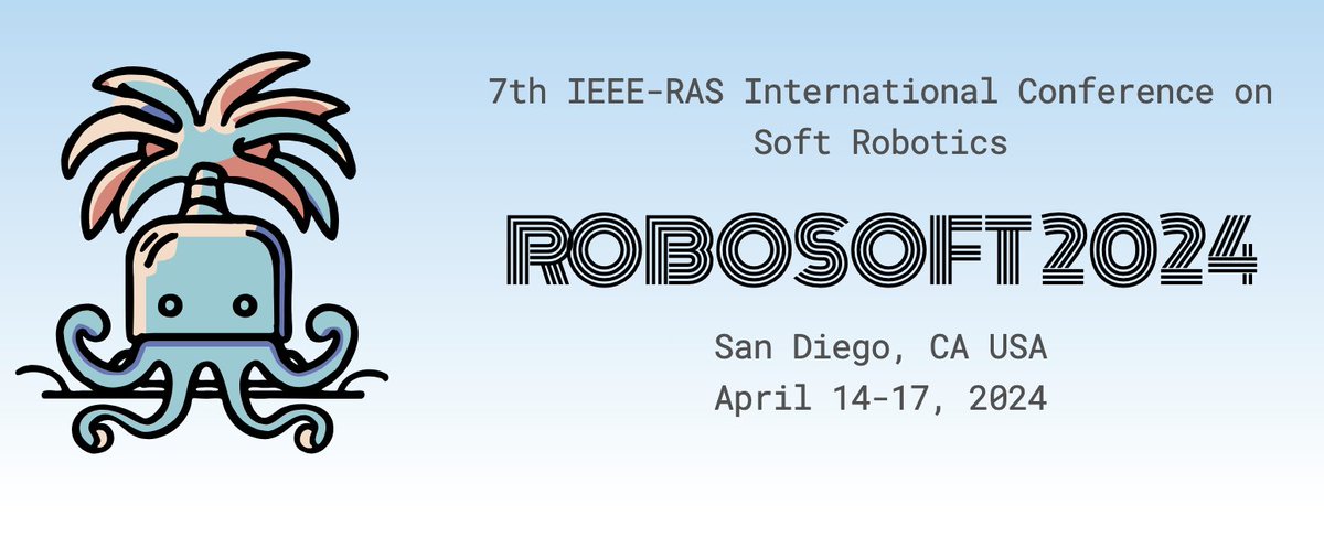 We are excited to announce RoboSoft 2024 in San Diego, April 14-17, 2024. Details at softroboticsconference.org Call for Papers: Submit your conference paper by October 15, 2023. Call for Workshops: Submit your your Workshop/Tutorial proposals by November 15, 2023.