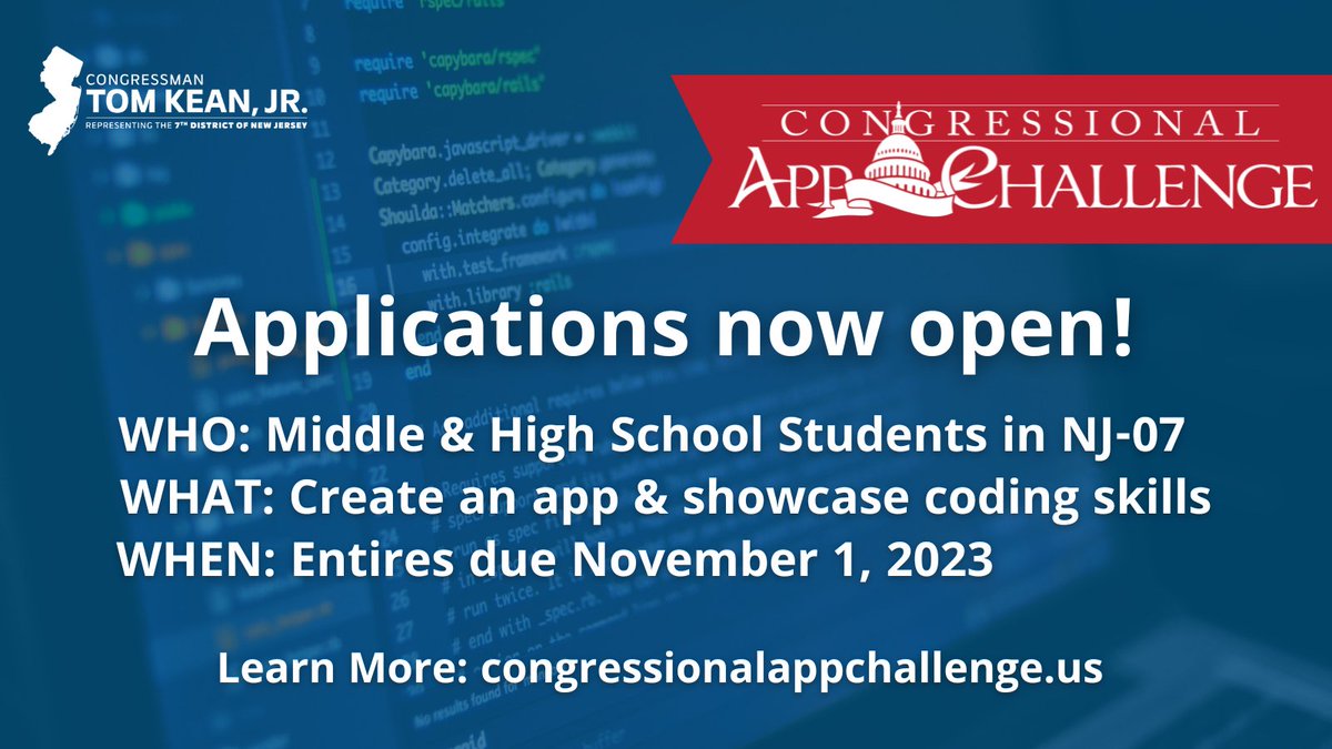 Calling all middle & high school coders! 

The #CongressionalAppChallenge is open. Create an app & showcase your coding skills. Learn more at congressionalappchallenge.us.