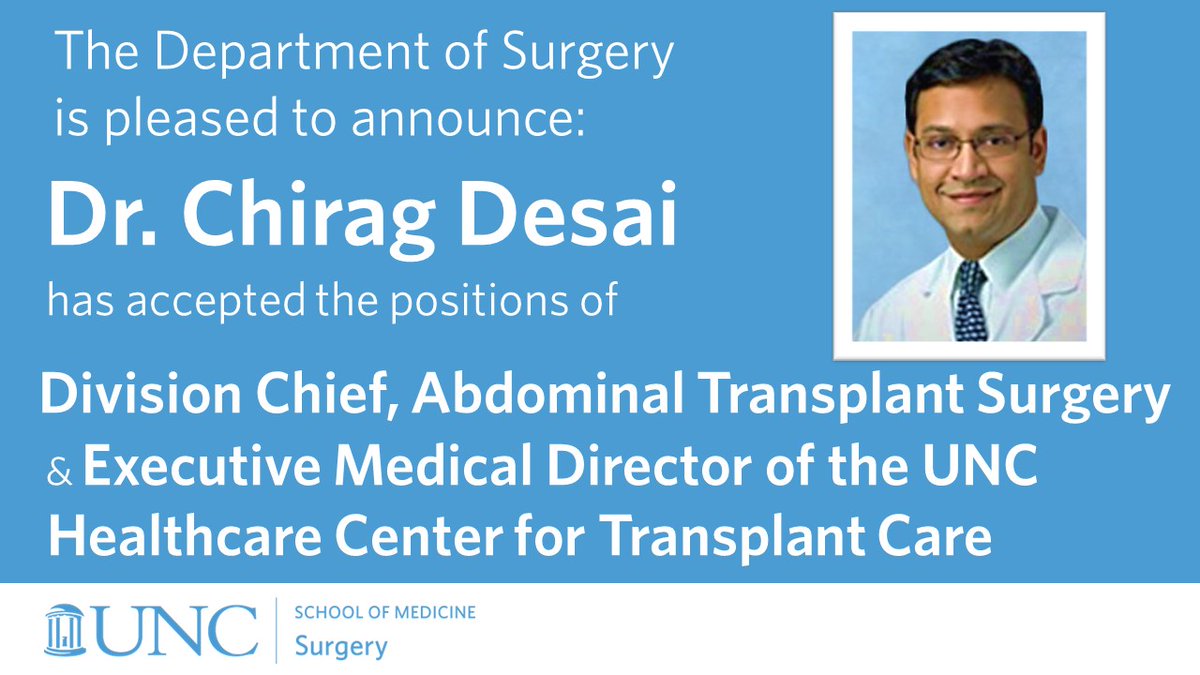UNCSurgery's tweet photo. 📣Please join us in congratulating Chirag Desai, MD, FACS, #UNCSurgery's next Division Chief of Abdominal Transplant Surgery &amp; Executive Medical Director of the UNC Healthcare Center for Transplant Care.  More about his impact: https://t.co/2M6ACtEKtp
@UNC_SOM | @UNC_Health_Care https://t.co/uNXp0mJ09B