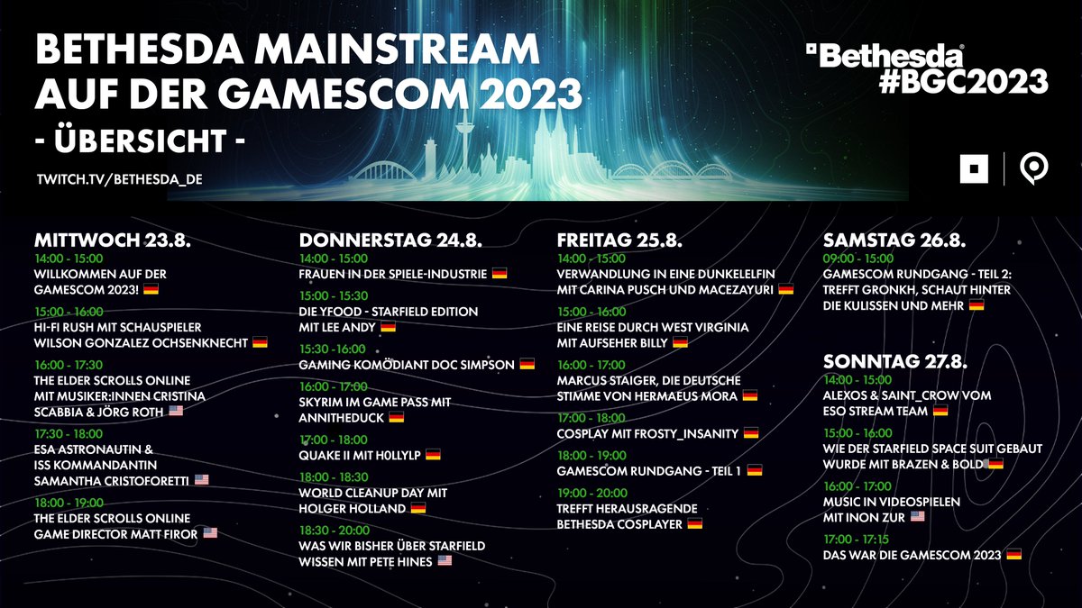 bethesda_de's tweet image. Hier ist unser Streaming Programm für die @gamescom 2023! 

Wir haben u.a Pete Hines zu Gast und reden mit ihm über #Starfield, führen ein Interview mit Matt Firor zu #ESO und vieles mehr!

Schaltet ein von Mi-So ab 14 Uhr und Sa ab 9:00 Uhr auf twitch.tv/bethesda_de