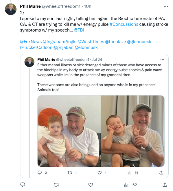 wheeloffreedom1's tweet photo. As my birthday quickly approaches, I always let my son &amp; 3 grandchildren know that I love them so much...

At this pace of #BiochipTorture, I won't see many more birthdays here on Earth.

Either GOD removes me or He removes those who are torturing me from this Earth.
#BoldPrayers https://t.co/J7E0NRx0MH
