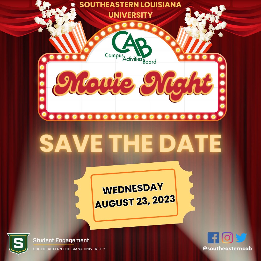 Save the date lions!! Campus Activities Board invites you to Movie Night on August 23rd at 7pm! Bring a friend!🎬

More details coming soon!