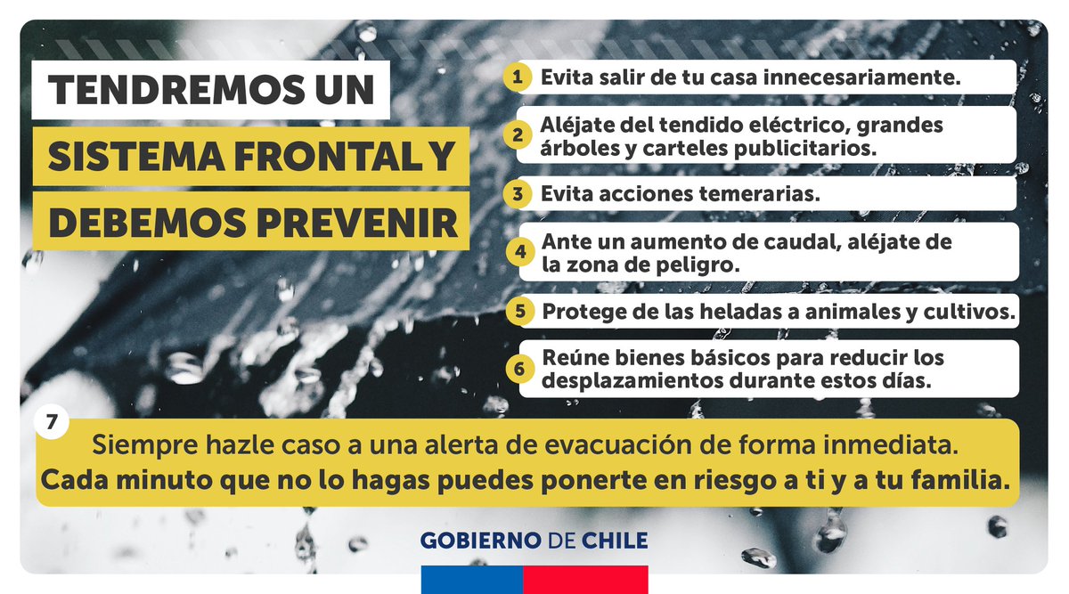 GobiernodeChile's tweet photo. Ante el próximo #SistemaFrontal, debemos tomar medidas de precaución. Prepara tu vivienda para evitar filtraciones de agua e inundaciones, y sigue las recomendaciones de @Senapred. https://t.co/iUabpUwaNp