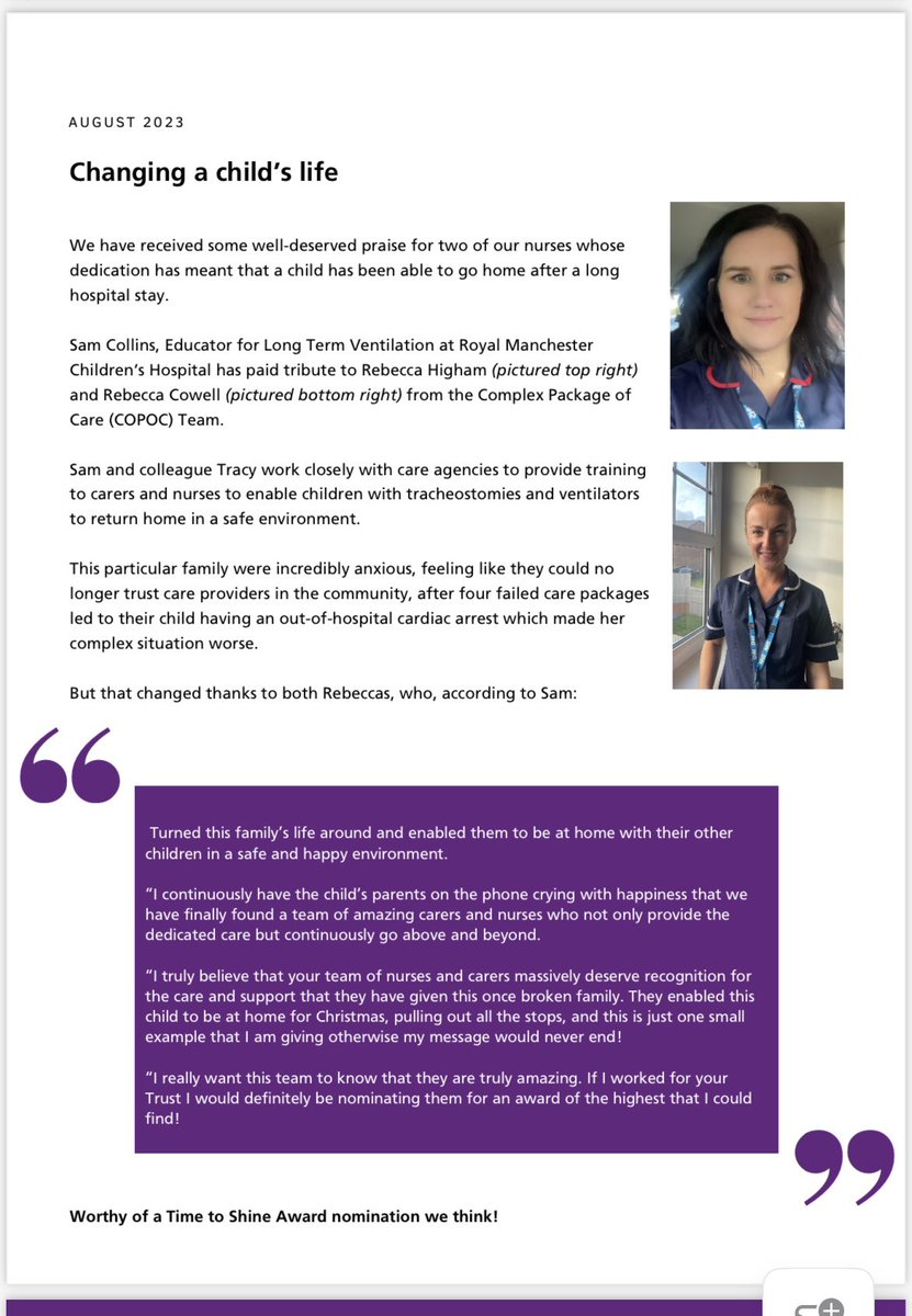 LscftChildren's tweet photo. CPOC making us all proud again, featured in the Pennine Newsletter. What a difference the whole team make to children and families lives along with the rest of the Children’s complex needs nursing service. #childrensnursing #timetoshine @Catevans11 @RMCH_Ward83 @WeAreLSCFT https://t.co/HhX16G67Du