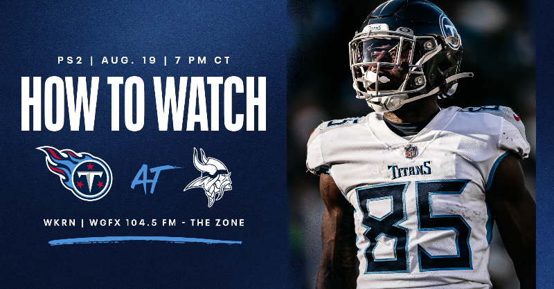 Titans's tweet photo. How to Watch #TENvsMIN

⏰: 7:00 PM (CT)
📍: @usbankstadium
📺: @WKRN | NFL+
📻: @titansradio | @1045TheZone