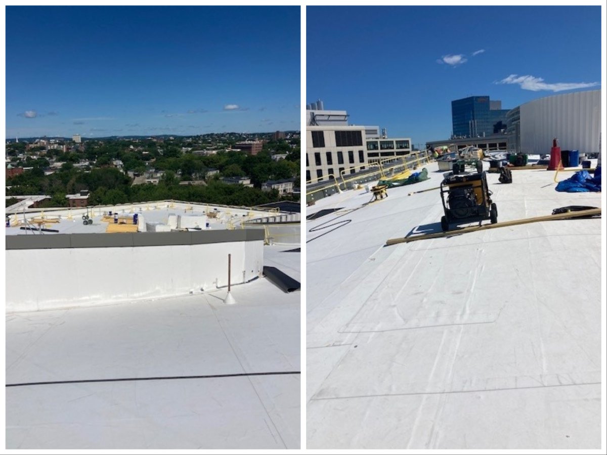 Our workers have completed the field work on the new <a href="/MIT/">Massachusetts Institute of Technology (MIT)</a> Ragon Institute. They are now working on walls and penetrations for what will be a massive #greenroof on this unique sloping roof. #commercialroofing #buildingenvelope #sustainability