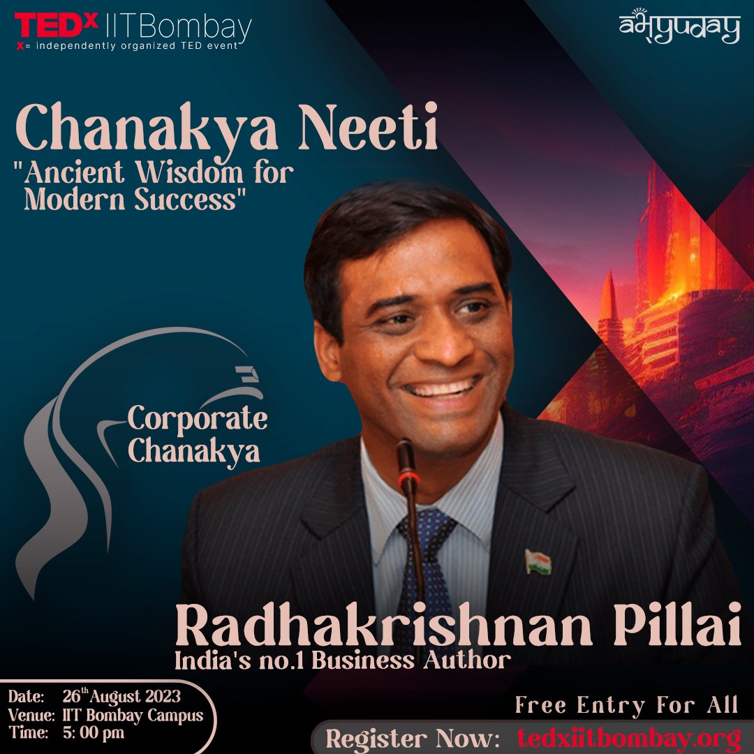 Abhyuday_IITB's tweet photo. Presenting the first speaker for #TEDxIITBombay 2023 - Dr. Radhakrishnan Pillai

His talk on ‘Chanakya Neeti: From Ancient Wisdom to Modern Success’ will inspire the future leaders.

Join us by registering at https://t.co/XNWfjB5Esg 
#tedxtalk #tedx #tedtalks #abhyuday #iitb https://t.co/DUnrTAKSiI