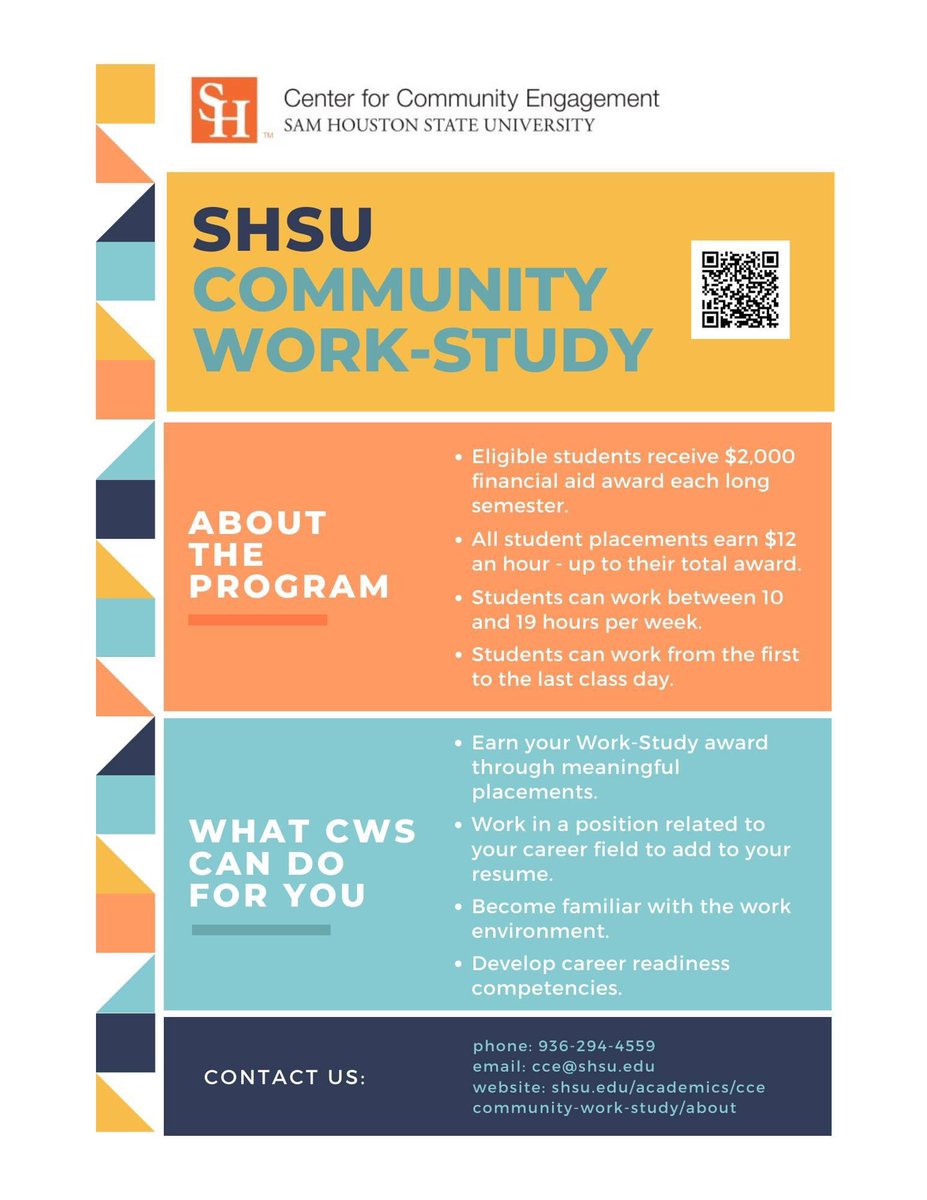 SHSU_CCE's tweet photo. Want to learn more about the new and improved Community Work-Study program? Read below, or visit our website: https://t.co/mqztrEiT4n

Share this information with all the #shsu #bearkat students you know! https://t.co/7qzyve2zpK