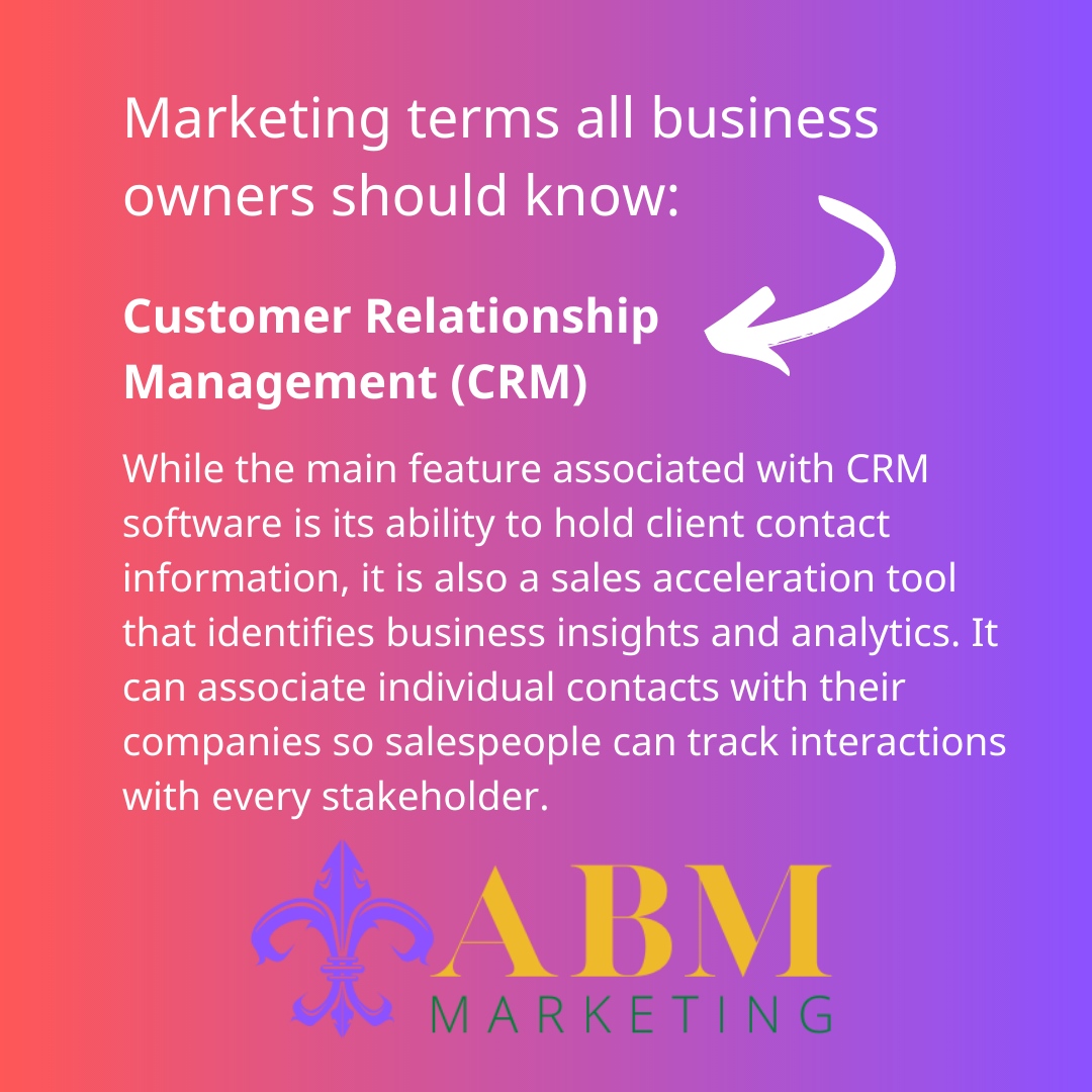 What is CRM software?

Take a look at this marketing term every business owner should know. 

#ABMMktg⚜️ #AletiaMartin #ABMMarketing #AletiaKnowsMarketing #DigitalMarketing #CRM #CustomerRelationshipManagement