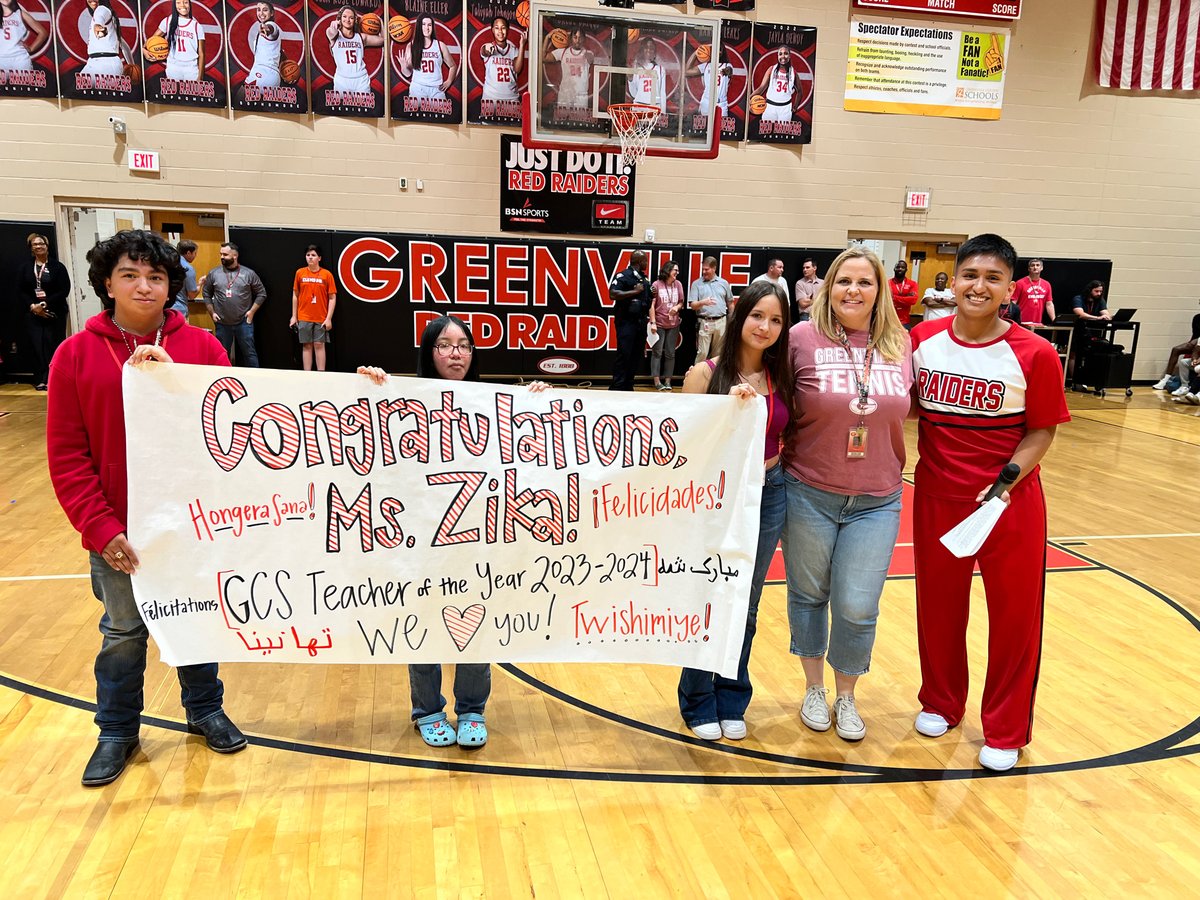GHS_Raiders's tweet photo. Nice moment in the pep rally today when the student body got to cheer on Ms. Zika for winning District Teacher of the Year. Red Raiders are proud of her. Go Raiders! https://t.co/FI5r8cnECi