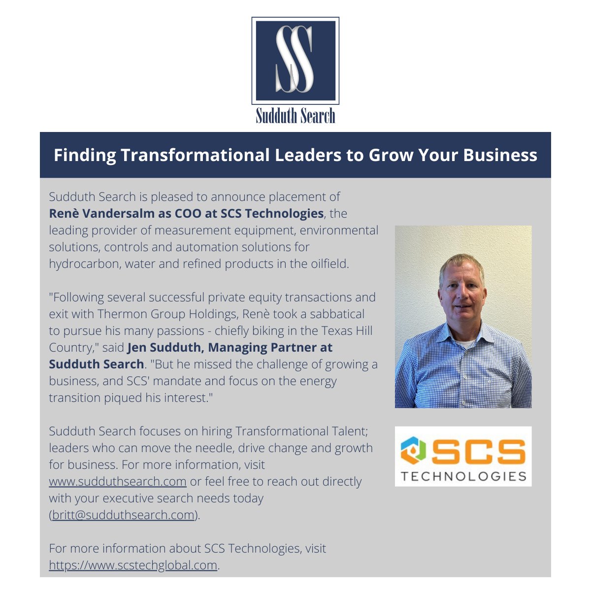 jsud's tweet photo. Thrilled to finally be able to share that Sudduth Search placed René Vandersalm as COO of @SCS_Tech. He + CEO Cody W. Johnson are already making great progress together! #htx #tx #recruiting #transformationaltalent #energytransition #secondact https://t.co/s4Z3CZifBj