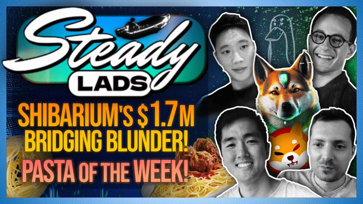 Episode 4 of Steady Lads is live! Featuring: @TaikiMaeda2 @gametheorizing @thiccythot_ @JustinCBram 🐻 Burnout in crypto / surviving the bear 🐶 Shibarium bridge debacle and memecoin outlook 🍝 Twitter copy/pasta of the week and more! YouTube and Spotify link in our bio!