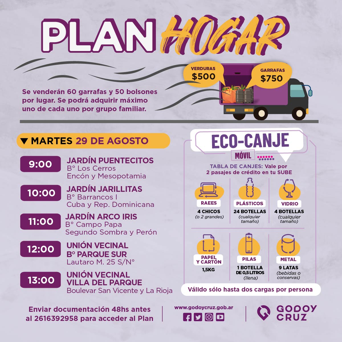 MuniGodoyCruz's tweet photo. ✅ Mirá dónde va a estar el programa #PlanHogarGC 🏠 junto al #EcoCanje el martes 29 de agosto. Vecinos/as pueden acceder a garrafas y bolsones de verduras a precios accesibles
📅 Cronograma completo: https://t.co/micEbk8HaT https://t.co/QALmmWijyi