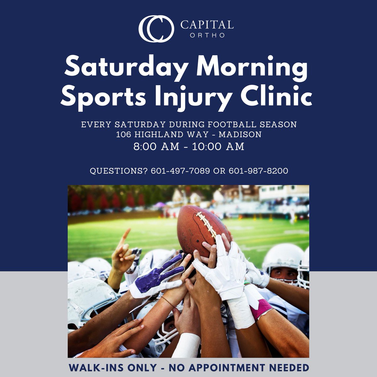 Football season is back🏈 If something happens during your game tonight, don’t forget we are here for you! Our Saturday morning clinic is open-walk ins welcome! 

#footballseason #sportsinjury #capitalortho