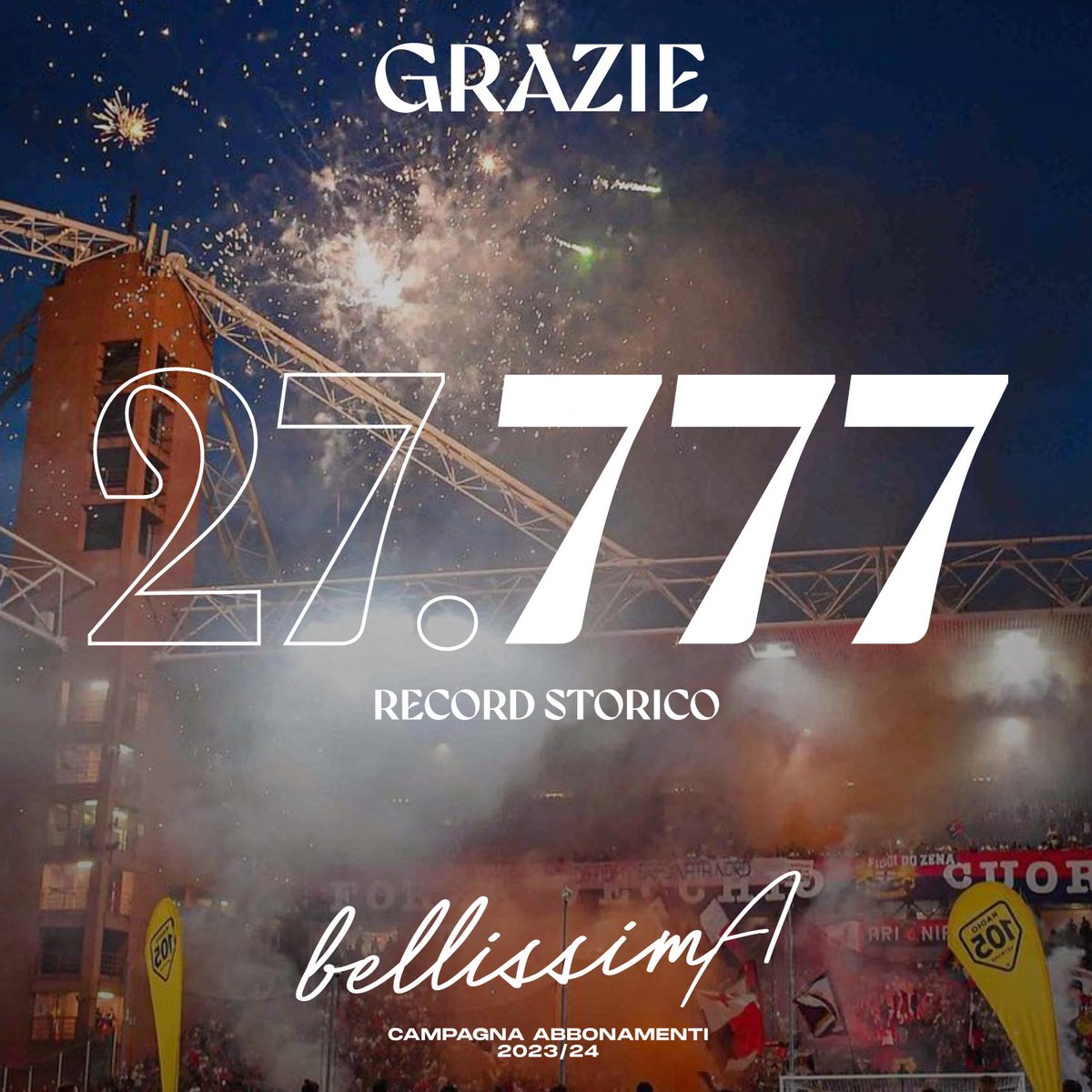 GenoaCFC's tweet photo. 🎆 Al raggiungimento della cifra record di 27777 abbonati, la Società chiude ufficialmente la “bellissimA” campagna abbonamenti 2023/24. 

❤️💙 Tutto il Genoa CFC ringrazia i tifosi genoani per la grande dimostrazione di affetto manifestata. https://t.co/kcZBRu7xjP