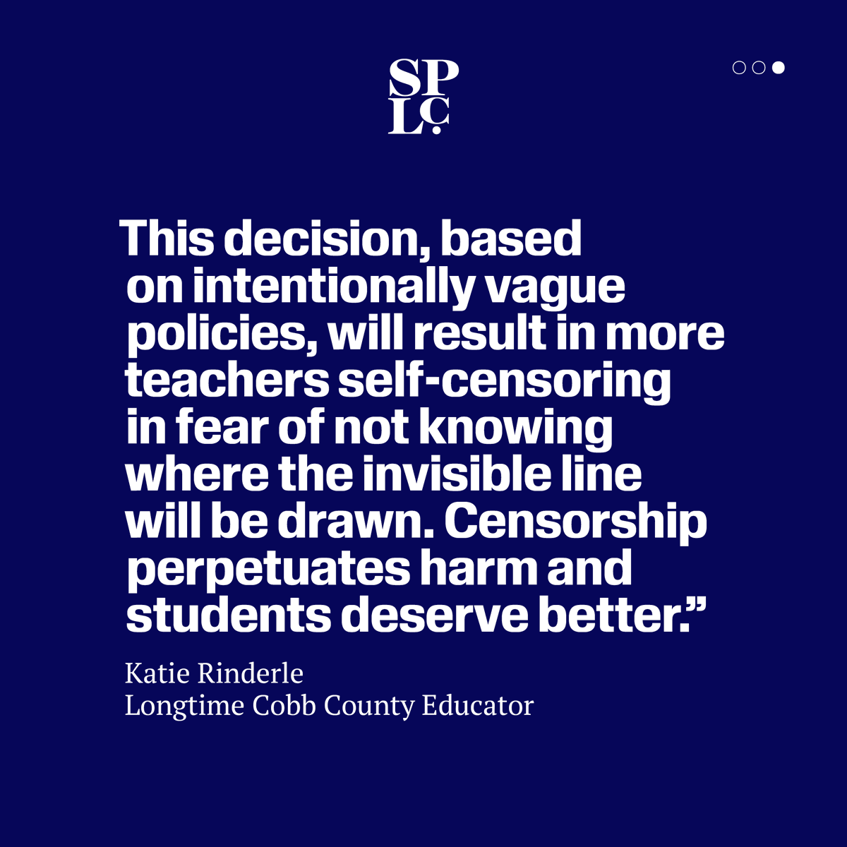 splcenter's tweet photo. The Cobb County School Board has voted to terminate Katie Rinderle - enforcing vague policies & ignoring the tribunal's recommendation not to terminate.
Let it be known that this is not the end for this case as the SPLC continues to #StandWithKatie. Read: https://t.co/7mSP3EhCxP https://t.co/Aekt76YJcF