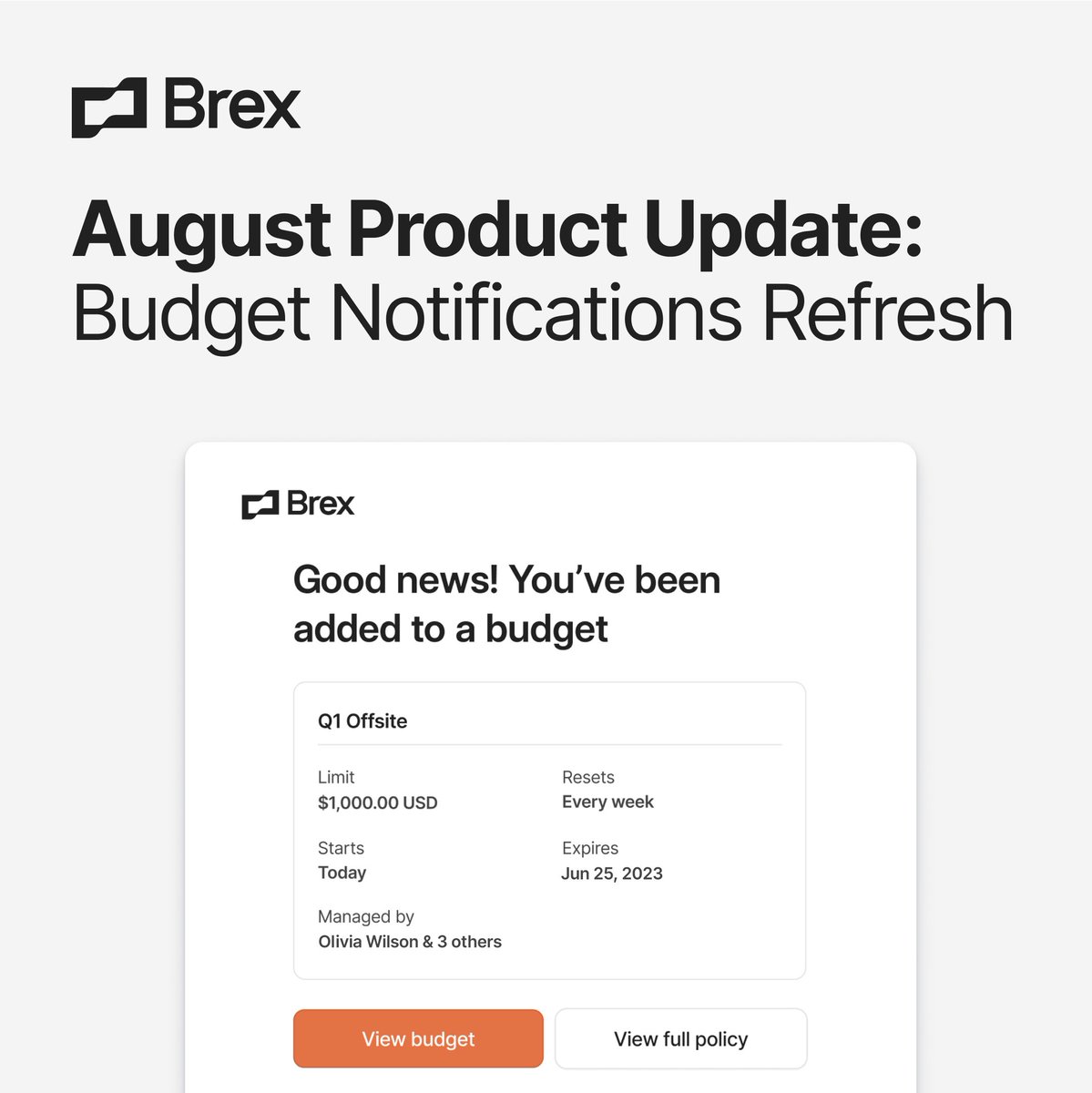 We’ve revamped budget notifications so you won’t miss a thing! Users can now fine-tune when they get notified by Brex with a few taps. Customize settings for things like comments, budget assignments, update requests, and more. 🔕 ↔️ 🔔