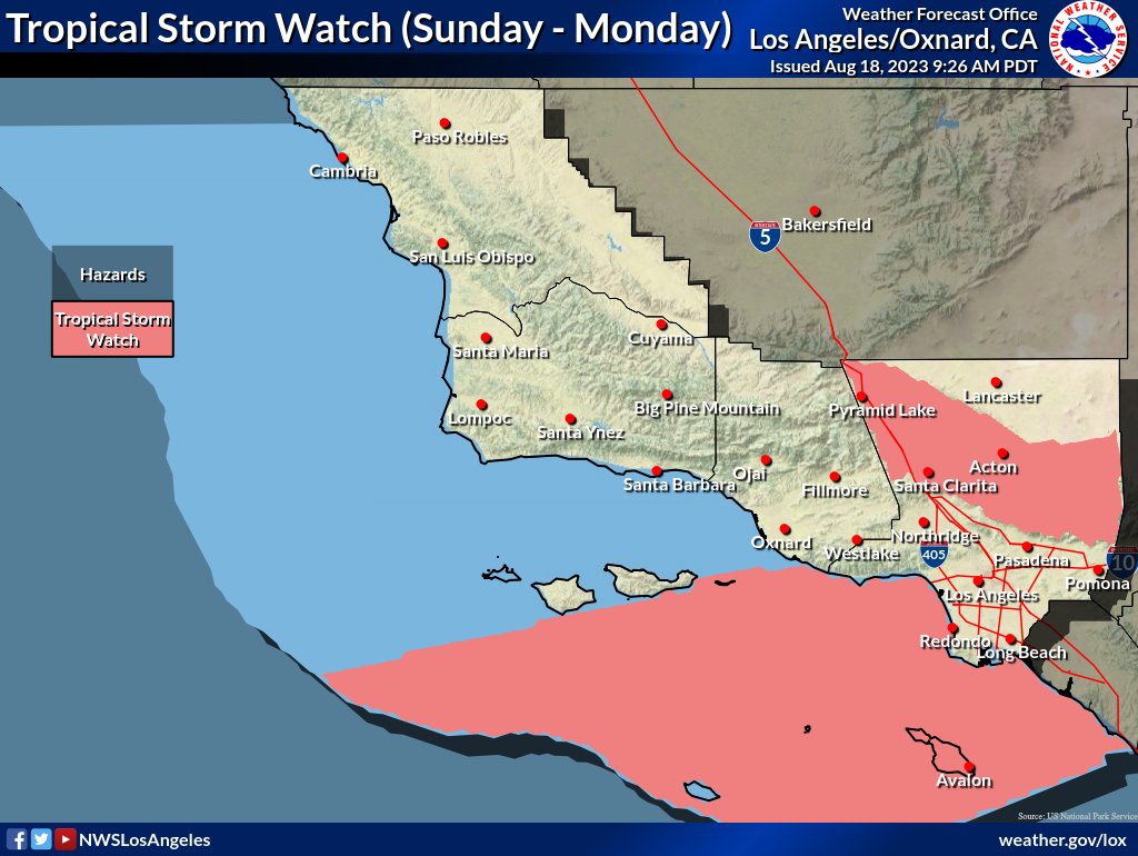 A Tropical Storm Watch (Sunday-Monday) has been issued for Catalina and Santa Barbara Islands, Antelope Valley Foothills, San Gabriel Mountains, Interstate 5 Corridor, Santa Clarita Valley, and Highway 14 Corridor, as well as much of the southern coastal waters. #CAwx