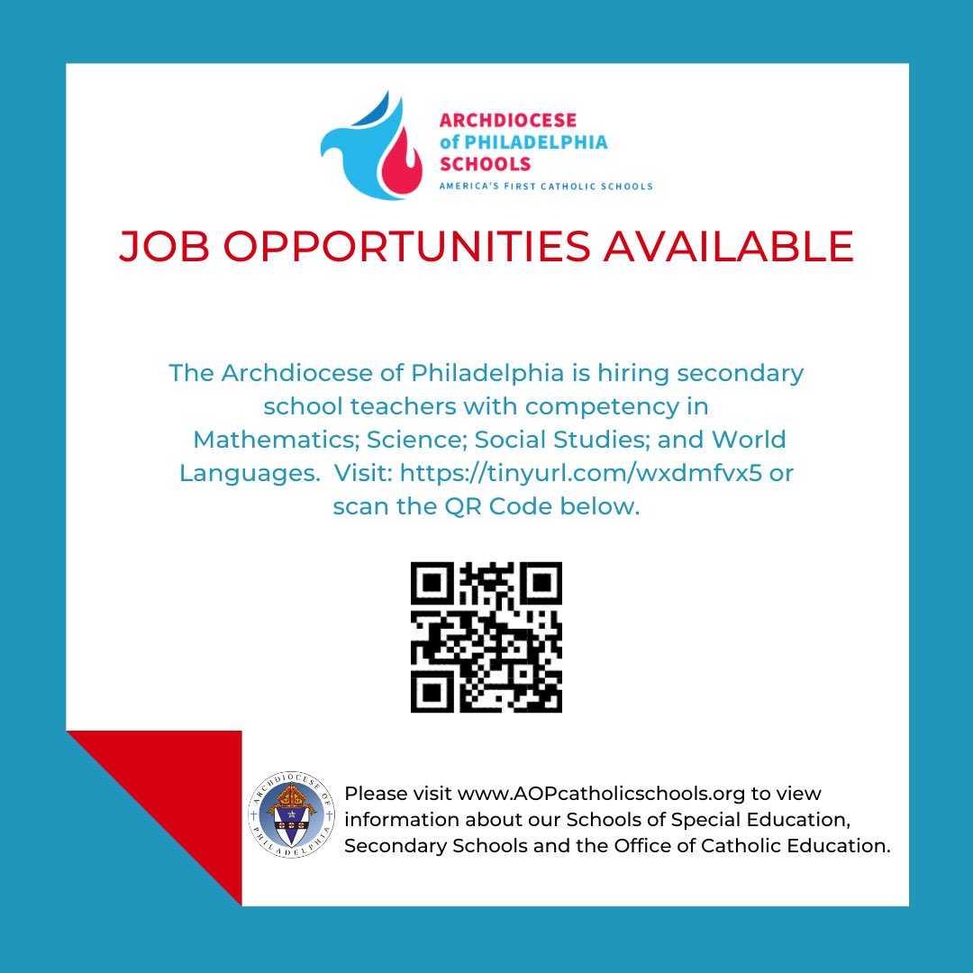 ArchPhilly's tweet photo. 1/5 HIGH SCHOOL TEACHERS – Math, Science and World Language
Permanent and Substitute Positions - 2023-2024 School Year
Archdiocese of Philadelphia High Schools

Candidates interested in teaching positions should send their resume, and transcripts to: https://t.co/3ebDPOeyHu