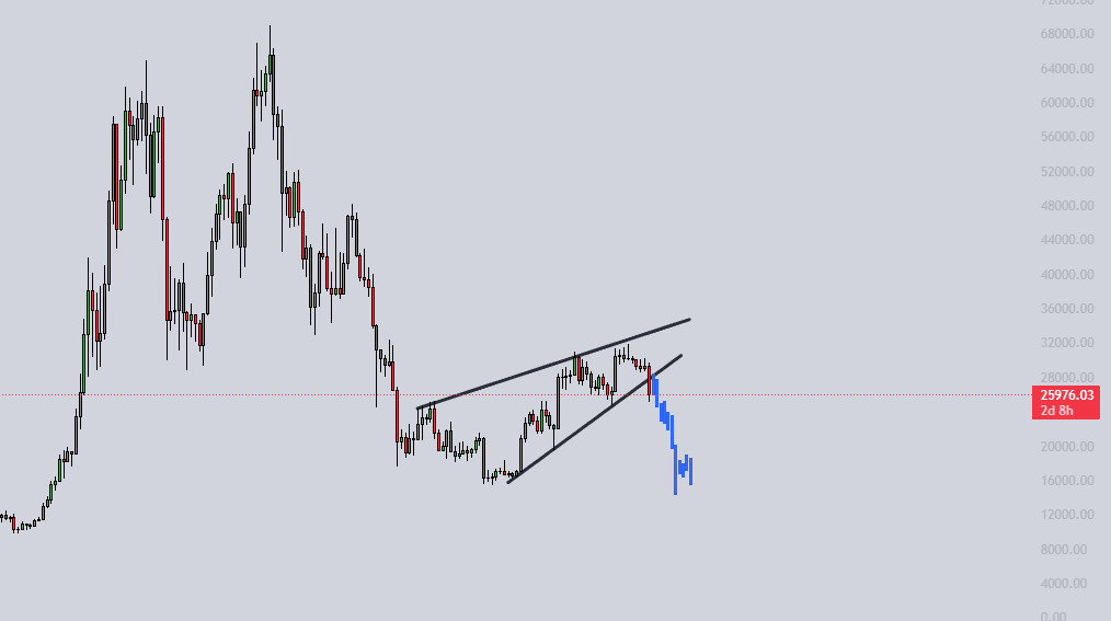 RadicalBTC's tweet photo. #Bitcoin Weekly rising wedge breakdown! Techical price target 15,000 (DYOR) https://t.co/Lnz5RiHfT9