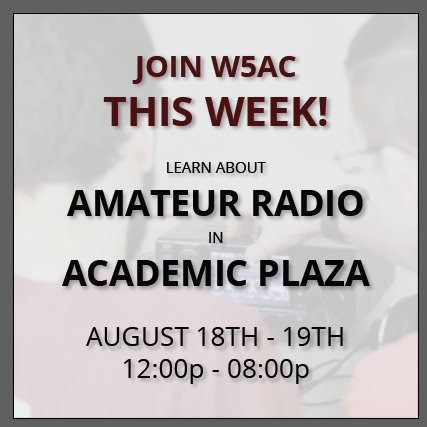 Good morning, #Aggies! Be sure to join us today and tomorrow in the Academic Plaza from 12 - 8pm for #howdyweek. Whether you're curious or an experienced ham came and see what the fun and thrill of ham radio is all about!

#TAMU #hamradio #amateurradio <a href="/TAMU/">Texas A&M University</a>
