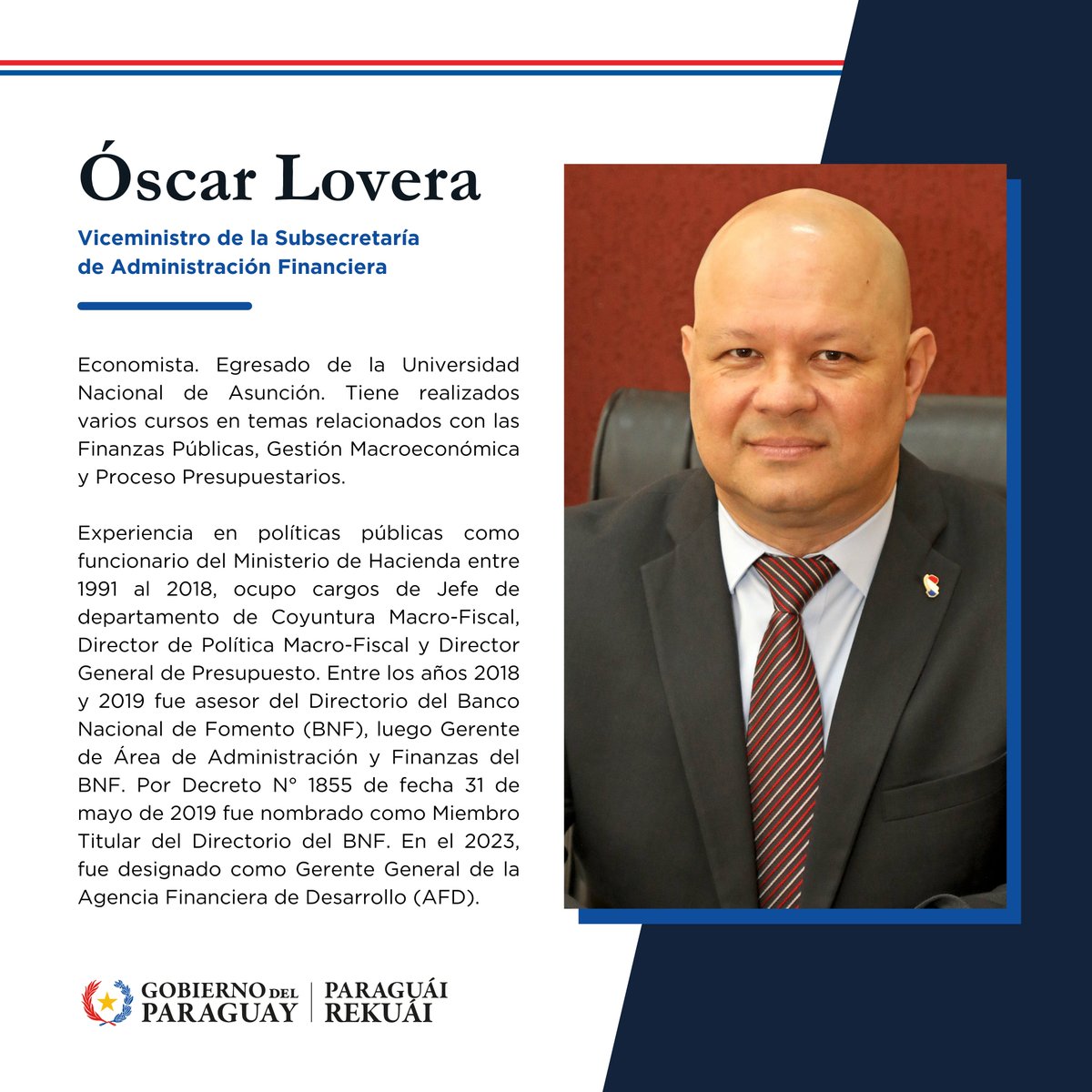 MEF_Paraguay's tweet photo. El Ejecutivo designó a Oscar Favián Lovera Chávez (@osclov) como nuevo viceministro de la Subsecretaría de Estado de Administración Financiera  del Ministerio de Hacienda.

➡️ https://t.co/4XhRIIhqtd https://t.co/iKUVIvPTi1