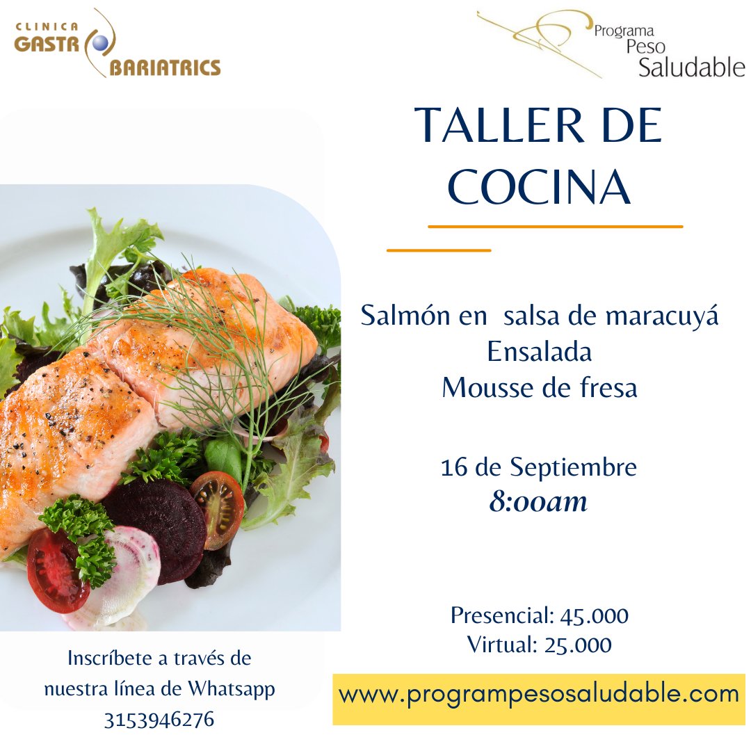 ¡El Dr Germán Piñeres y el equipo del Programa Peso Saludable te invitan a participar en nuestro próximo taller de cocina! 

Aprenderás a preparar diferentes recetas para que puedas comer delicioso y saludable al mismo tiempo.

Inscripciones a través de:
Whatsapp 3153946276